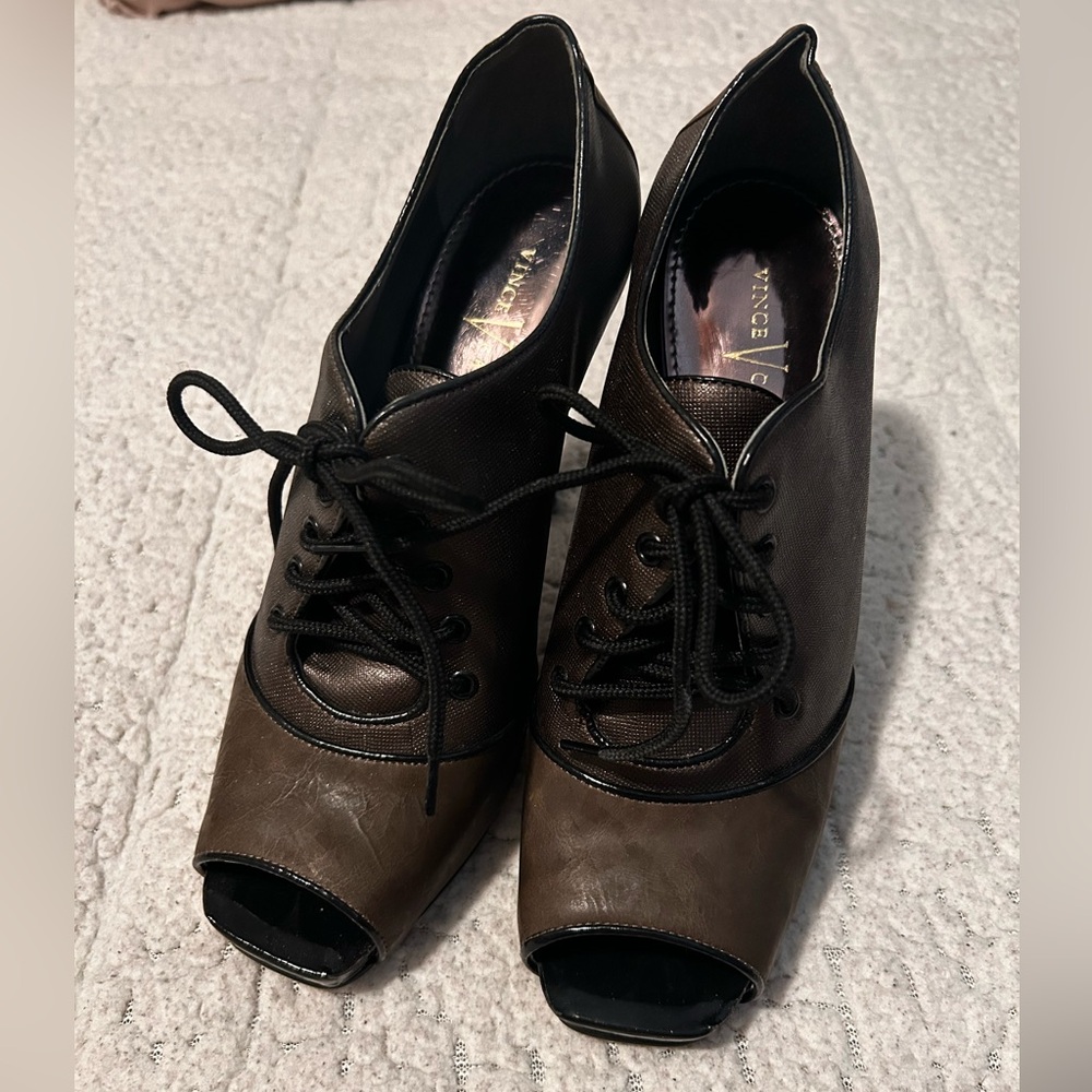 Brown Peep Toe Lace-Up Heels